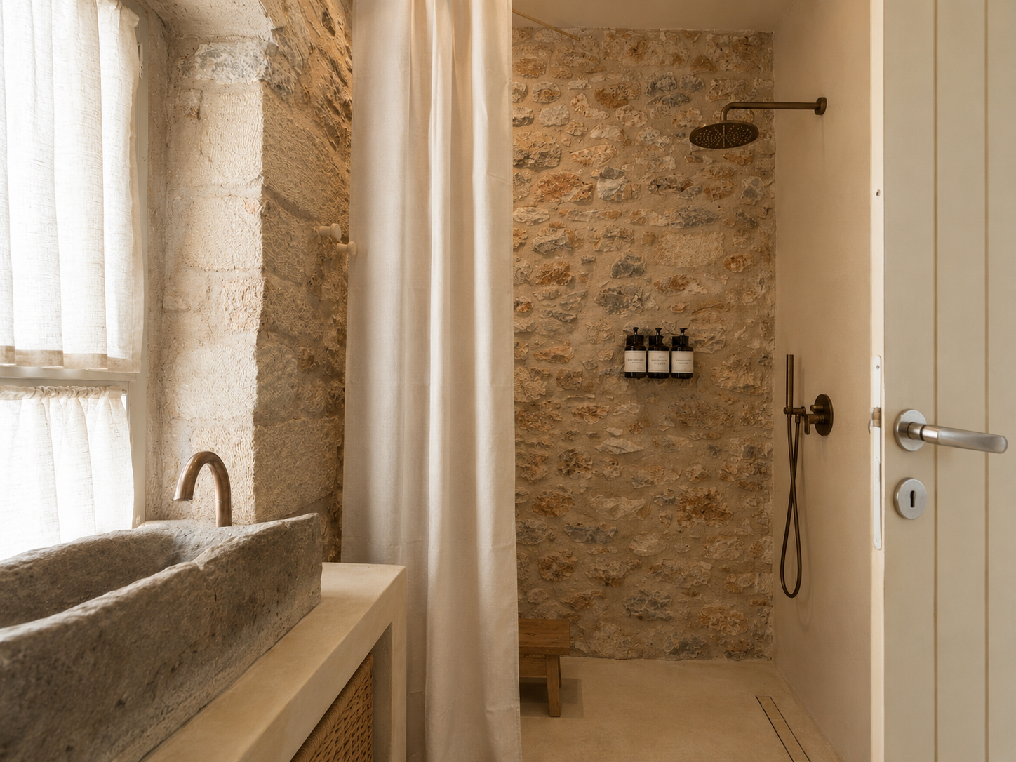 Stone bathroom with rain shower