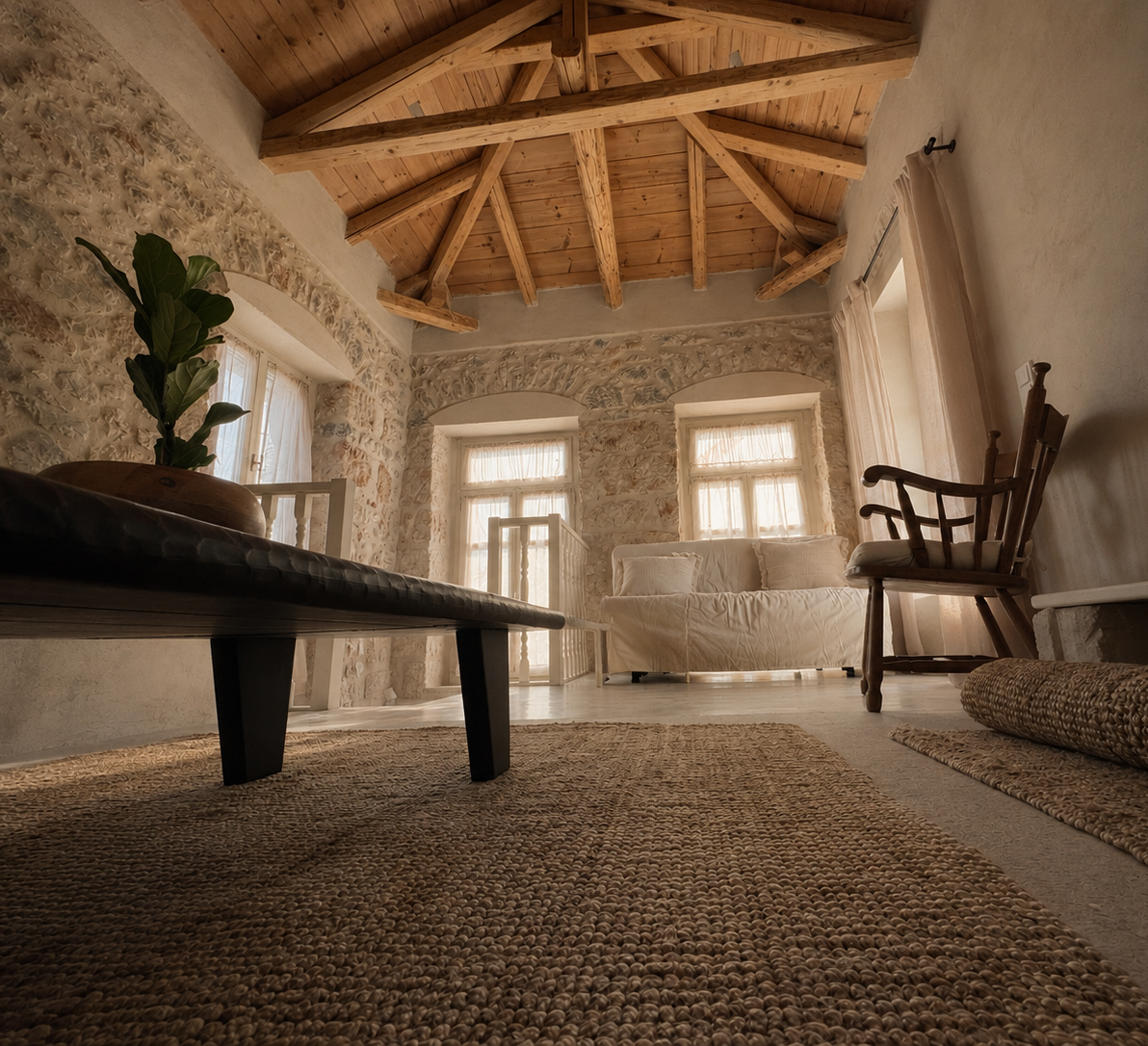 Living room with beamed ceiling